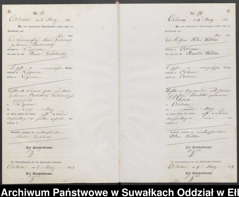 Obraz 14 z jednostki "Sterbe-Neben-Register des Preussischen Standes-Amtes Orlowen Kreis Loetzen für das Jahr 1883"