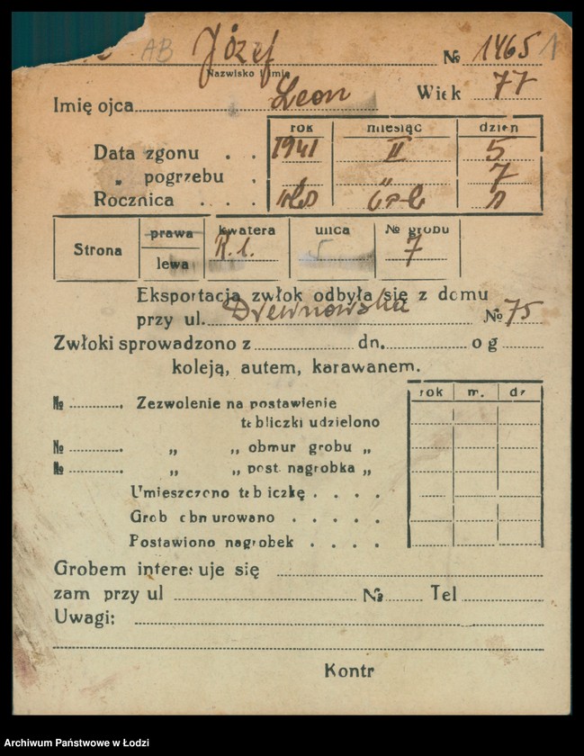 Obraz 2 z jednostki "Kartoteka osób pochowanych na cmentarzu żydowskim przy ulicy Brackiej w latach 1892-1959. Nazwiska na literę A"