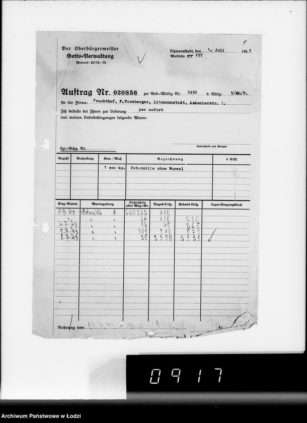 Obraz 5 z jednostki "Lebensmitteleinkauf, Aufträge, Lieferscheinen und Rechnungen 20832-20856 [Dostawa warzyw do Getta]"