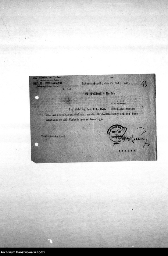 Obraz 16 z jednostki "[Korespondencja Komendy z policją niemiecką oraz rewirami gettowymi na temat różnych wydarzeń w getcie]"
