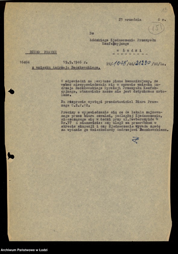Obraz 15 z jednostki "[Korespondencja w sprawie reprywatyzacji urządzeń biurowych Fabryki Termometrów oraz lokalu fabrycznego w Łodzi ul. Dowborczyków 37]"