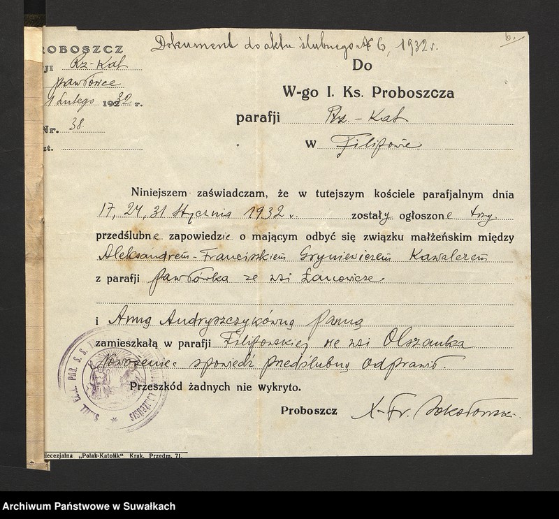 image.from.unit.number "Dokumenty przedstawione do ślubnych aktów stanu cywilnego sporządzonych w roku 1932 w parafji rzymsko-katolickiej Filipów"