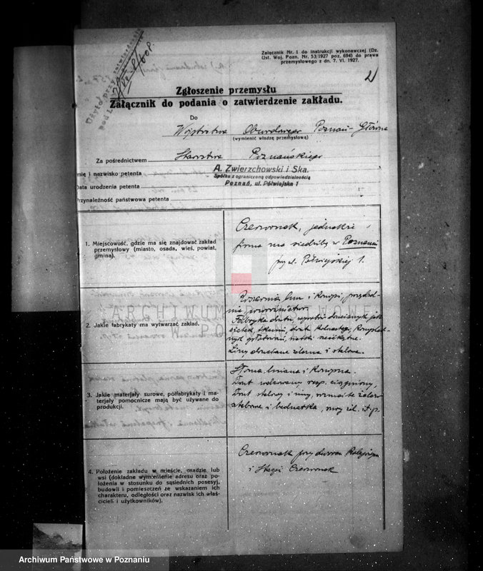Obraz 6 z jednostki "Zatwierdzenie zakładu przemysłowego /fabryki wyrobów drewnianych/ A. Zwierzchowski i Spółka w Poznaniu"