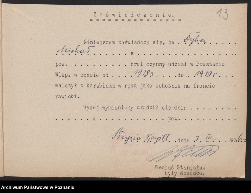 Obraz 15 z jednostki "Słupia Kapitulna, powiat Rawicz - indywidualne zaświadczenia o uczestnictwie w powstaniu."