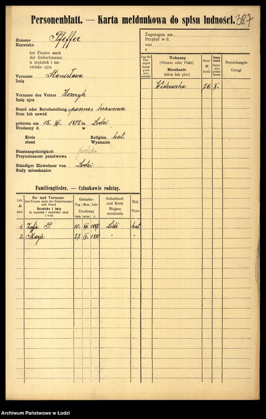 Obraz 8 z jednostki "[Spis ludności Łodzi] Fanelska - Fefer"