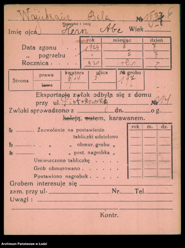 Obraz 7 z jednostki "Kartoteka osób pochowanych na cmentarzu żydowskim przy ulicy Brackiej w latach 1892-1958. Nazwiska na litery: Wajnh-Wajs"