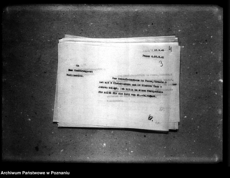 Obraz 7 z jednostki "Schriftwechsel mit dem Ernährungsamt [Korespondencja w sprawie przydziałów żywności, stany dzienne, listy personalne]."