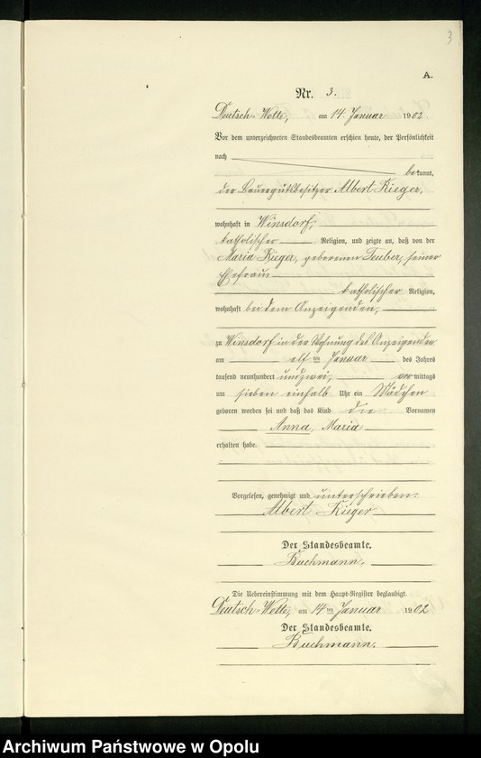 Obraz 7 z jednostki "Geburts-Neben-Register des Standesamts Deutsch Wette pro 1902"
