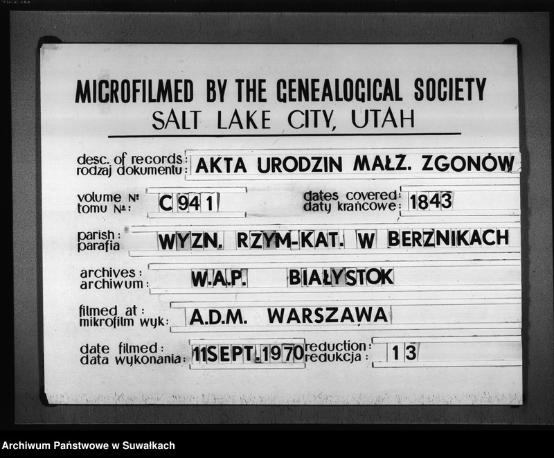 image.from.unit.number "Księga Duplikat Zaślubionych, Urodzonych i Zmarłych w Parafij Berznickiej w Roku 1843"