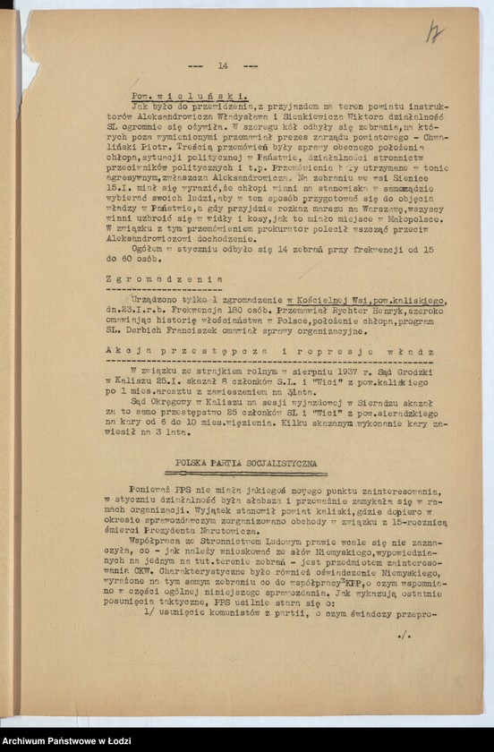 Obraz 20 z jednostki "[Sprawozdania miesięczne wojewody z ruchu zawodowego, społecznego i narodowościowego]"