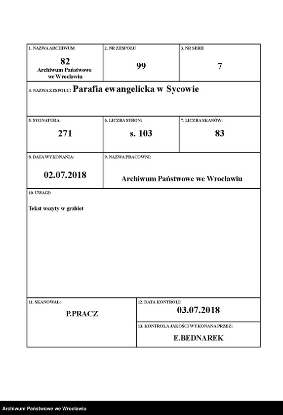 Obraz 1 z jednostki "Die von den Mitgliedern der evangelischen Parochie Polnisch - Wartenberg ... gezahlten Staatsstellern"