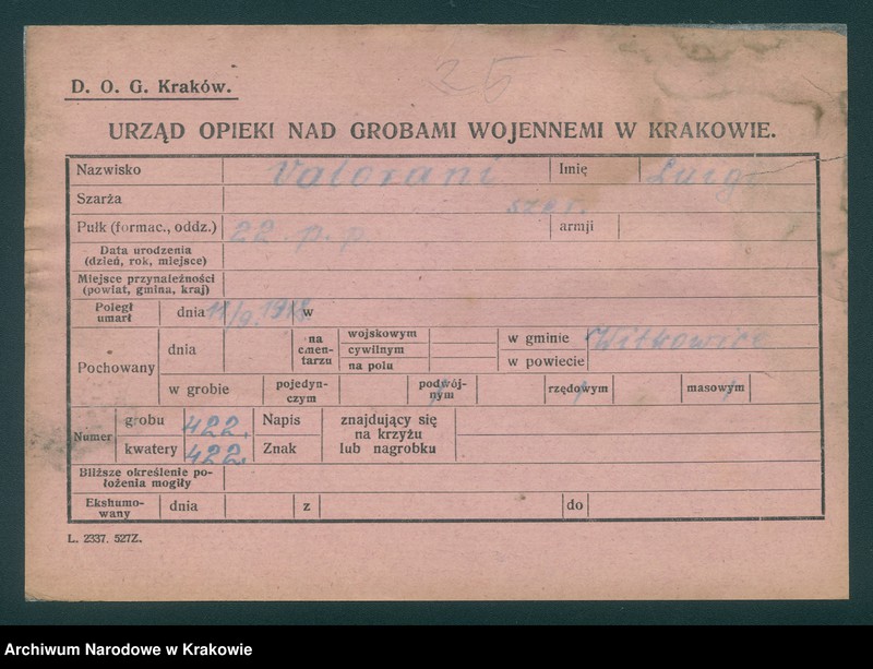 Obraz 15 z jednostki "Karty ewidencyjne zmarłych Włochów na terenie powiatów Zabrek, Cernovir, Witkowitz (Czechy)."