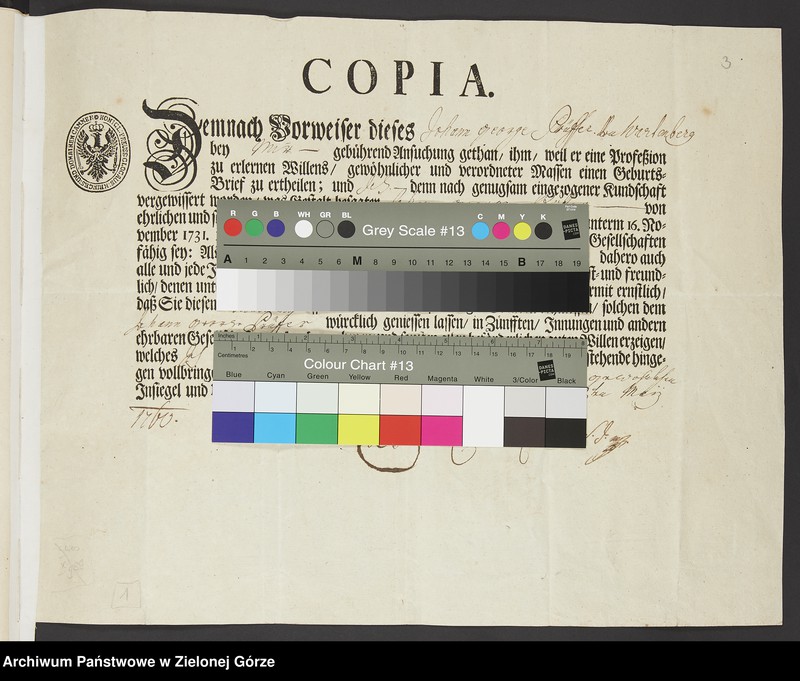 image.from.unit.number "Karol Reinoch, przełożony zakonu Jezuitów w Otyniu i administrator dóbr otyńskich wystawia Janowi Jerzemu Prüffer świadectwo prawego urodzenia"