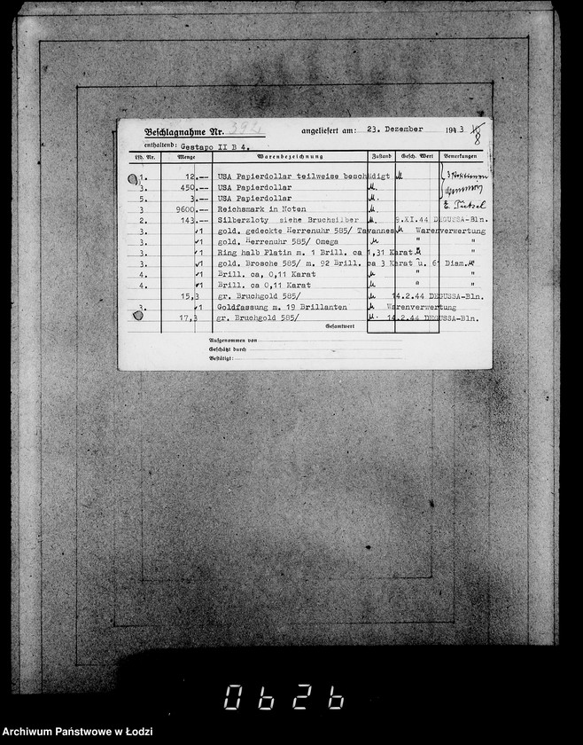 Obraz 12 z jednostki "Gestapo 200-400 [Kartoteka skonfiskowanego majątku ruchomego u Żydów]"