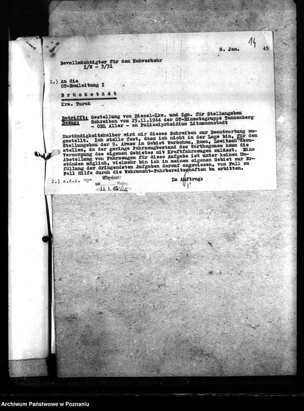 Obraz 18 z jednostki "Stellung von Alarm - Fahrzeugen für den Stellungsbau. Gespannstellung für Ostraumschutz. Beordnung von Gespannen."