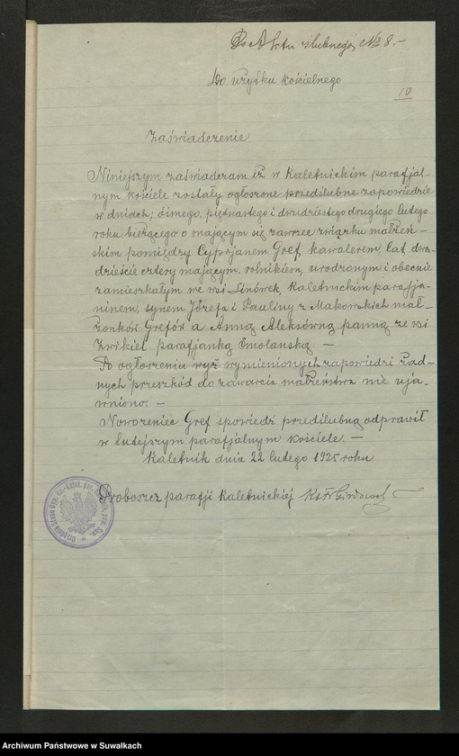image.from.unit.number "Dokumenty zaślubionych Smolańskiej parafii za 1925 rok"