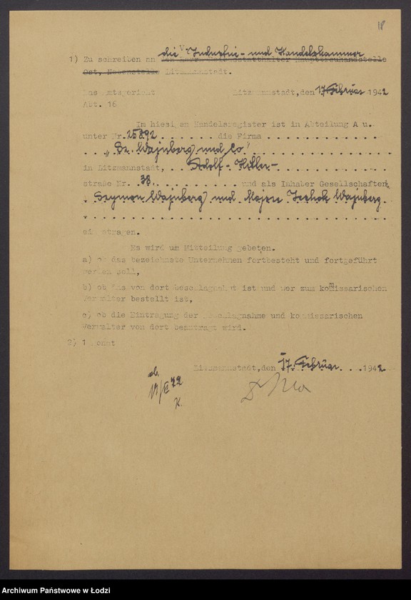 Obraz 20 z jednostki "Szymon Wajnberg, Mojsze – Icchok Wajnberg – wyrób towarów włokienniczych i skręcalni"