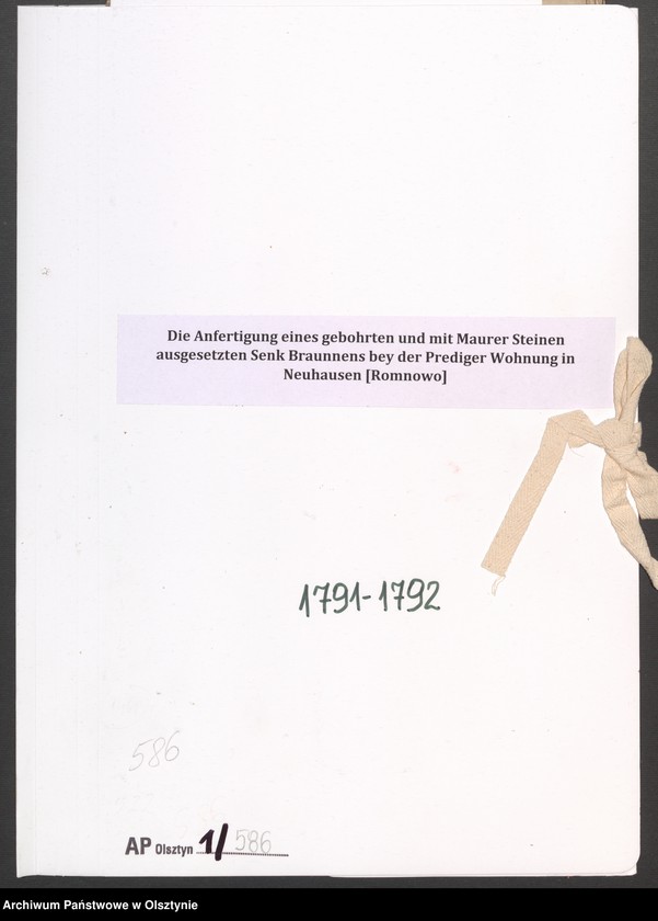 image.from.unit.number "Die Anfertigung eines gebohrten und mit Maurer Steinen ausgesetzten Senk Braunnens bey der Prediger Wohnung in Neuhausen [Romnowo]"