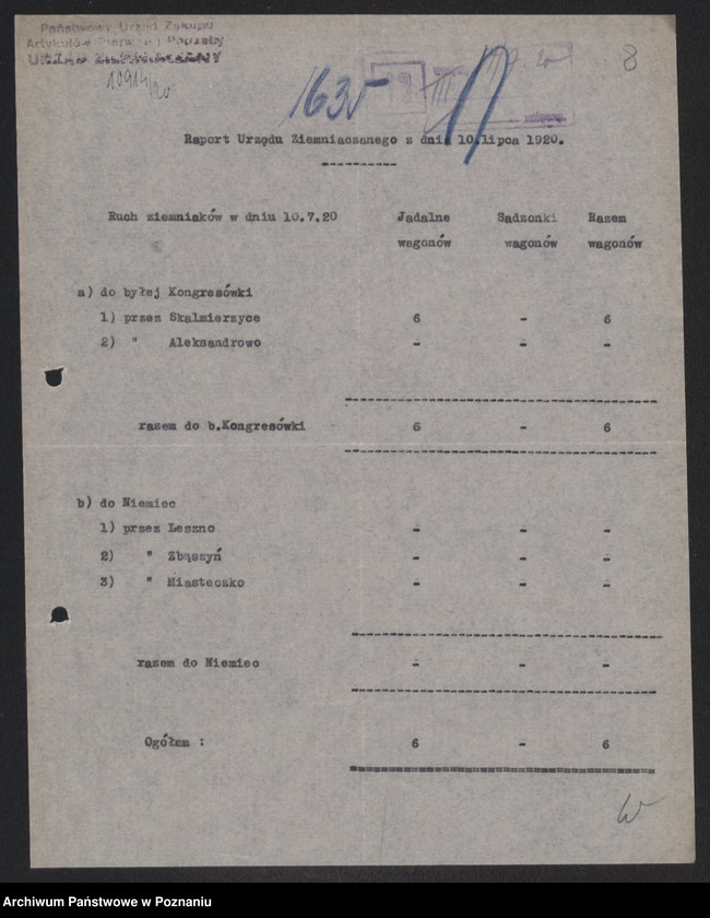 Obraz 10 z jednostki "[Raporty Głównego Urzędu Ziemniaczanego z wywozu ziemniaków poza granice Wielkopolski - do Kongresówki i do Niemiec]"