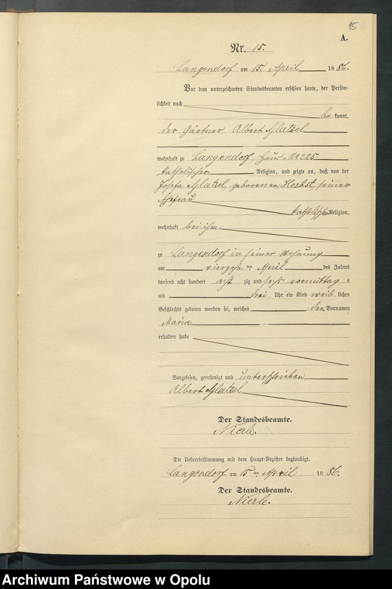 Obraz 19 z jednostki "Geburts-Neben-Register des Standesamts Langendorf pro 1886"