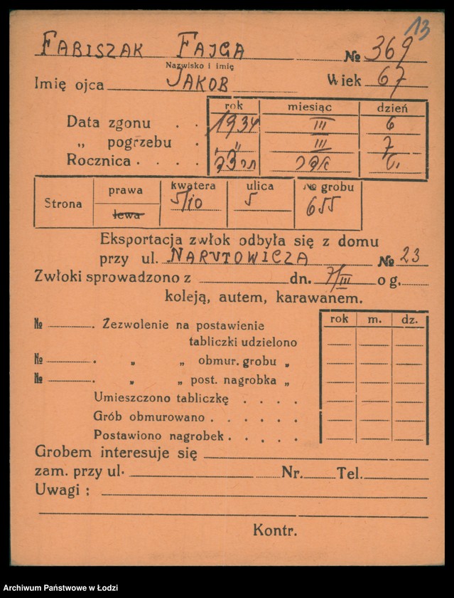 Obraz 14 z jednostki "Kartoteka osób pochowanych na cmentarzu żydowskim przy ulicy Brackiej w latach 1892-1958. Nazwiska na litery: Fa-Fä"