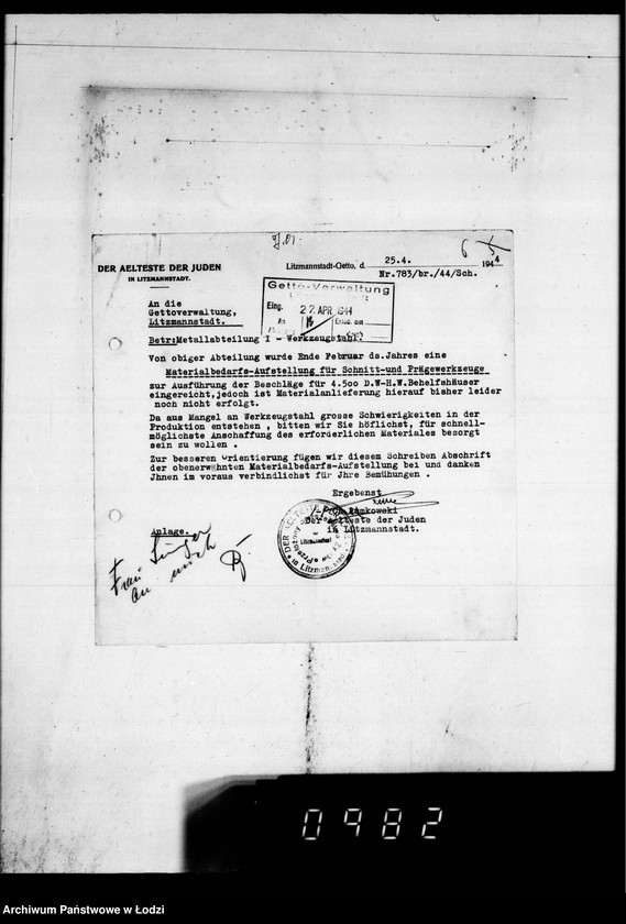 Obraz 10 z jednostki "Post an den Ältesten der Juden D.W.H.[Korespondencja dotycząca różnych prac w Getcie]"