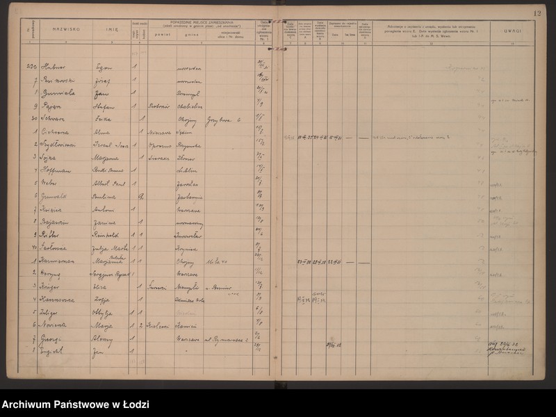 Obraz 15 z jednostki "Księga kontroli ruchu ludności (rejestr osób przybywających do gminy) Łódź, zameldowania pozaankietowe, komisariat X, nr 1-1194"