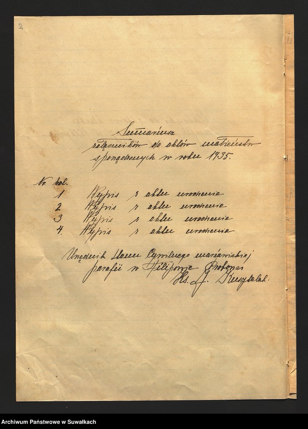 image.from.unit.number "Metryki do aktów ślubu parafii mariawickiej w Filipowie za rok 1935."