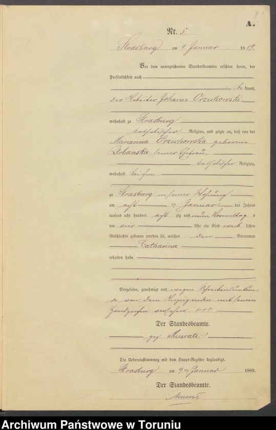 image.from.unit.number "Geburts-Neben-Register Strasburg W/Pr. für das Jahr 1889"