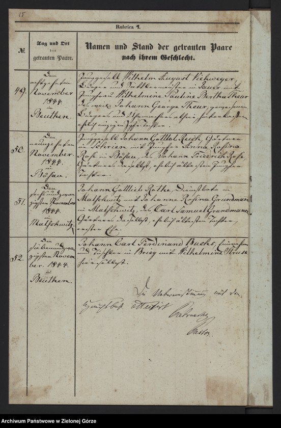 Obraz 20 z jednostki "Duplicat-Trauungsregister Jahrgang 1844 evangel[ischen] Kirche zu Beuthen"