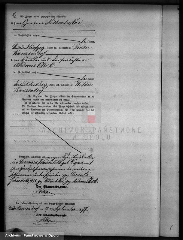 Obraz 20 z jednostki "Heiraths-Neben-Register Standesamts Kunzendorf pro 1877"