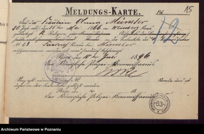 Obraz 17 z jednostki "Die von den Verlobten beigebrachten Urkunden zur Eheschliessung pro 1896"