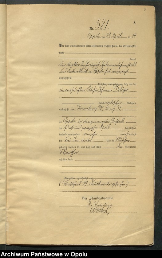 Obraz 7 z jednostki "Urząd Stanu Cywilnego Opole Księga Urodzeń Rok 1914 520-1033"