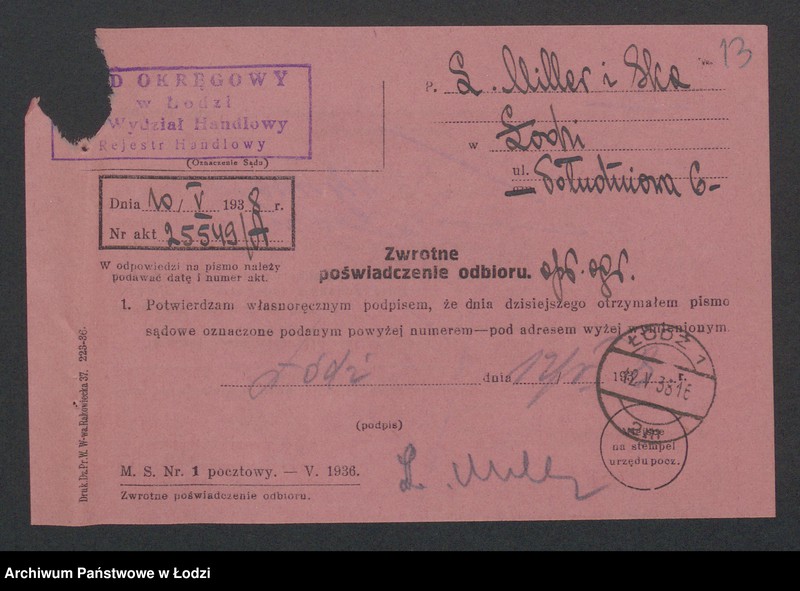 Obraz 15 z jednostki "Jakub Moszek Miller, Sucher Lajb Miller- wyrób i sprzedaż towarów włókienniczych"