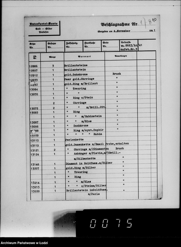 Obraz 14 z jednostki "Ankauf vom J.A.[Kartoteka dostaw skonfiskowanych kosztowności]"