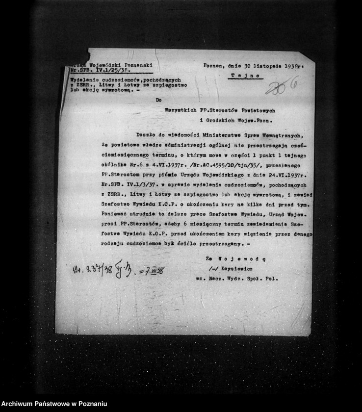 Obraz 10 z jednostki "/Regulowanie pobytu w Polsce obywateli państw obcych- uchodźców, osób pozbawionych obywatelstwa polskiego itp.. /generalia, akta tajne/"