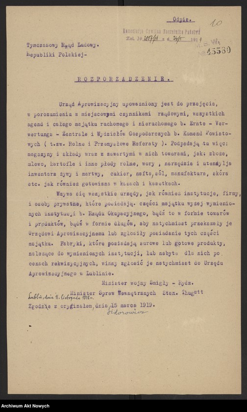 image.from.unit.number "Odpisy postanowień Tymczasowego Rządu Ludowego RP I. Daszyńskiego oraz dekrety przesłane do zatwierdzenia Naczelnikowi Państwa przez Radę Ministrów, pod przewodnictwem J. Moraczewskiego a następnie I. Paderewskiego."