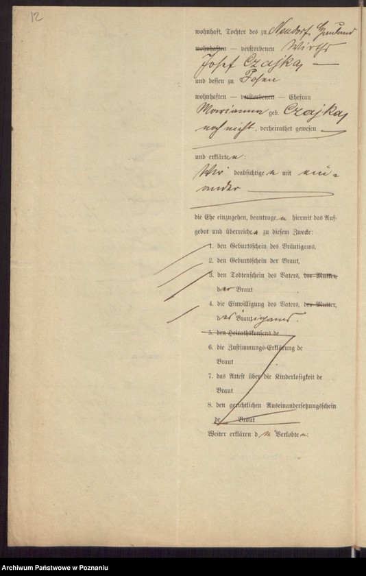 Obraz 14 z jednostki "Die von den Verlobten beigebrachten Urkunden zur Eheschliessung pro 1895"