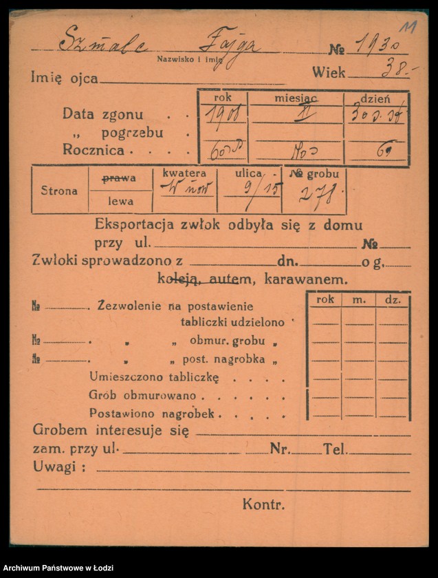 Obraz 12 z jednostki "Kartoteka osób pochowanych na cmentarzu żydowskim przy ulicy Brackiej w latach 1892-1957. Nazwiska na litery: Szn-Szt"