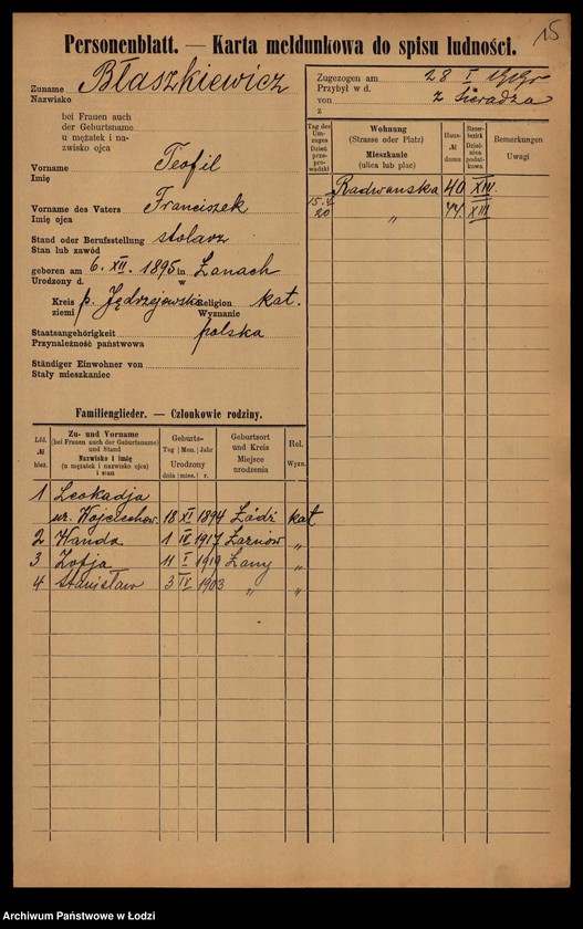 Obraz 17 z jednostki "[Spis ludności Łodzi] Błaszek - Bochenek"