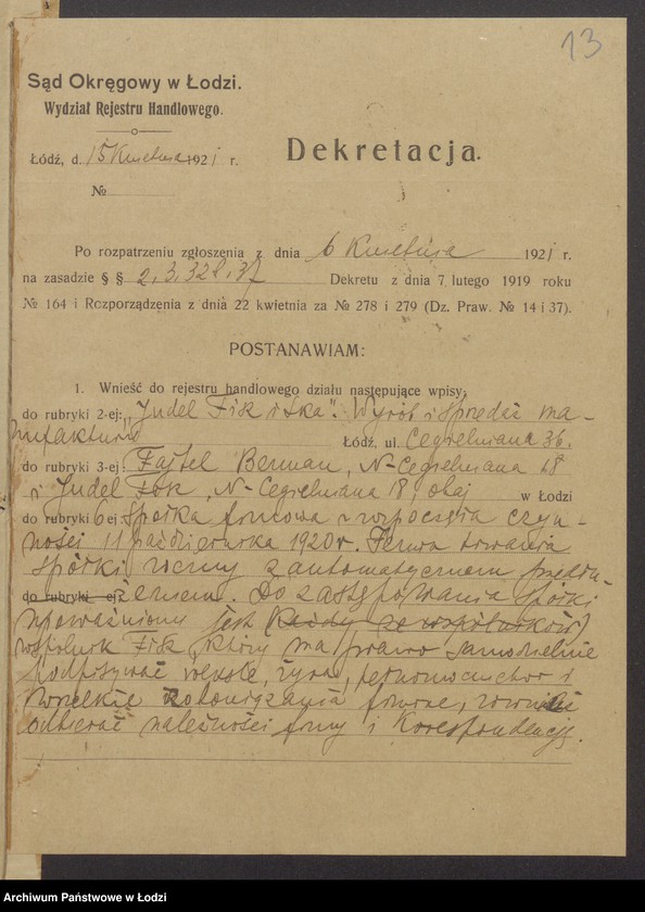 Obraz 15 z jednostki "Judel Fisz, Fajtel Berman- Judel Fisz i S-ka- wyrób i sprzedaż manufaktury"