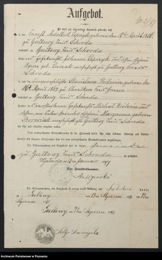 image.from.unit.number "Acta betreffend die Sammel Akten für die von den verlobten beizubringenden Urkunden und Konsenserklärungen, für die Aufgebotscheinigungen und Dispensation [...] von 1881 bis 1884"