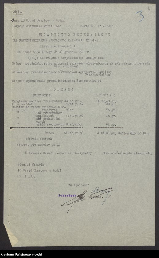 Obraz 6 z jednostki "Dom Agenturowo Handlowy- Pinkus Goldin- sprzedaż surowców włókienniczych na rachunek własny i pośrednictwo tymi surowcami"