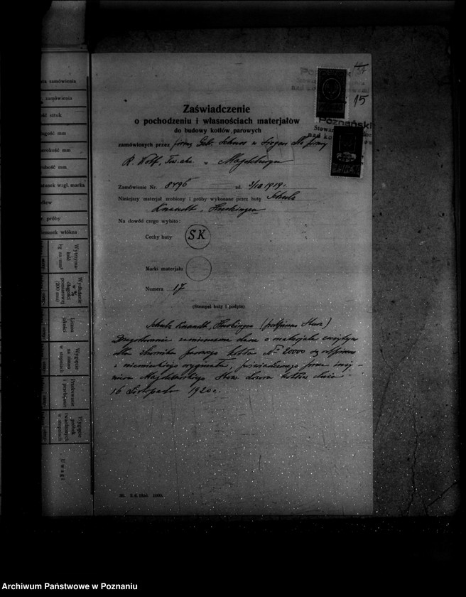 Obraz 19 z jednostki ""Huta miedzi" Towarzystwo Akcyjne Rudnicze powiat poznański nr porządkowy kotła 107"