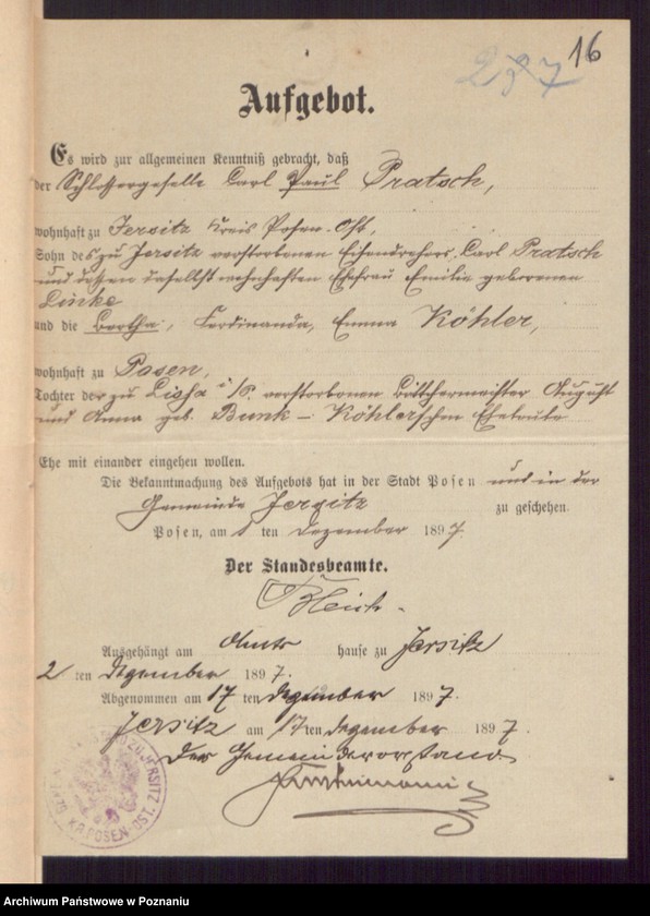 Obraz 18 z jednostki "Die von den Verlobten beigebrachten Urkunden zur Eheschliessung pro 1897"
