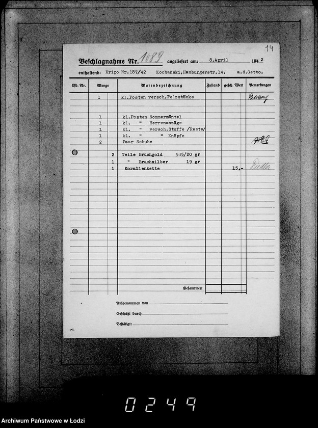 Obraz 18 z jednostki "Kripo 911-1100 [Kartoteka skonfiskowanego majątku ruchomego u Żydów]"