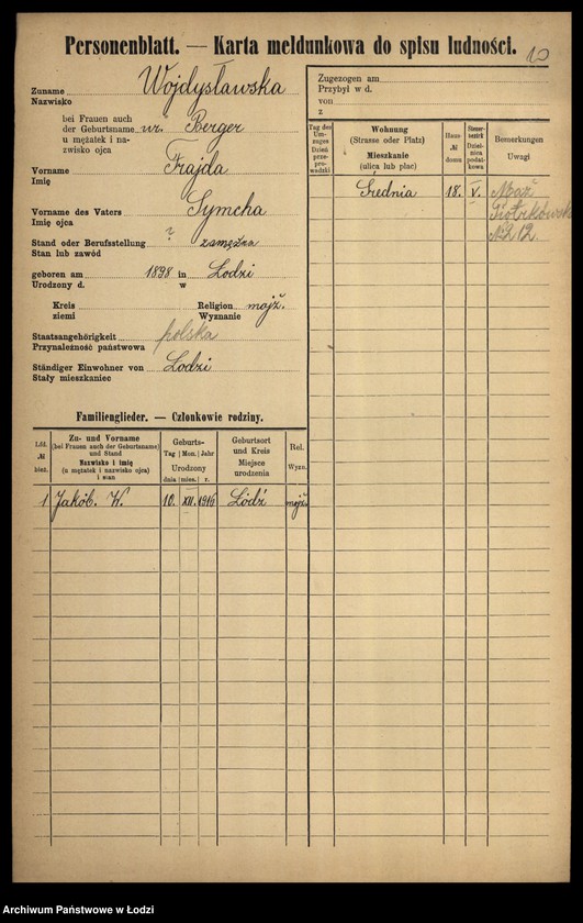 Obraz 12 z jednostki "[Spis ludności Łodzi] Wojdysławski - Wojtarek"