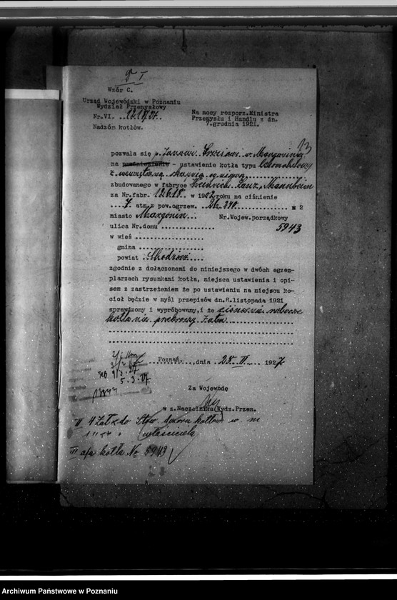 Obraz 17 z jednostki "Młyn parowy J. Grossa w Margoninie pow. Chodzieski /nadzór nad kotłem parowym nr fabr. 12618, woj. 5943/"