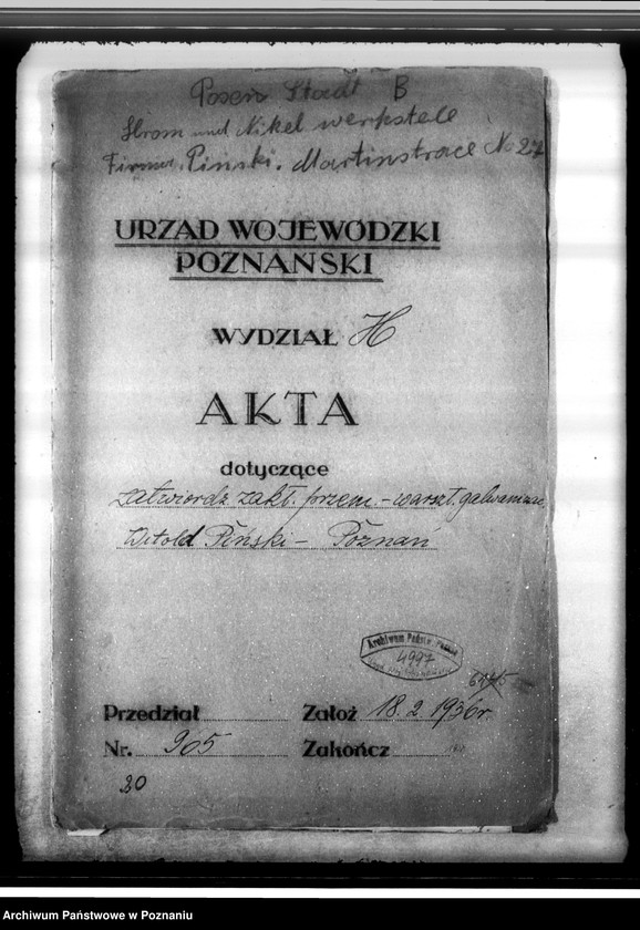 Obraz 3 z jednostki "Zatwierdzenie zakładu przemysłowego /warsztatu galwanizacyjnego/ W. Pińskiego w Poznaniu"