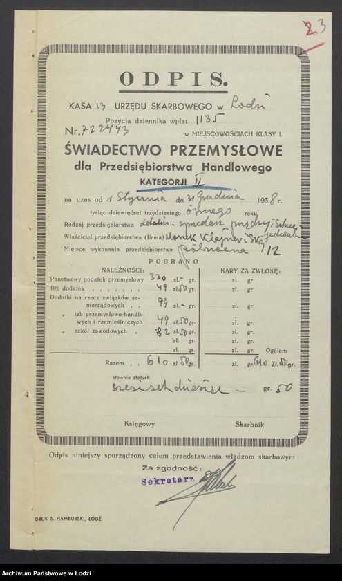 image.from.unit.number "Moszek Klajner, Estera Gerszt, Zelig Gerszt- sprzedaż przędzy"